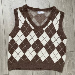 Oak + Fort sweater vest, brown and white v pattern.